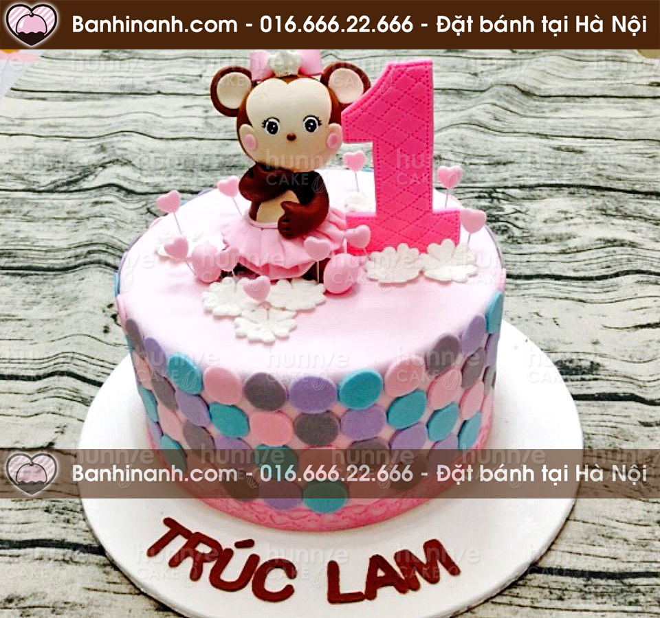 Bánh gato con khỉ, Bánh tông hồng tạo hình bé khỉ gái mặc váy cực kỳ đáng yêu bên cạnh số 1 3607 - Bánh gato sinh nhật ngon đẹp