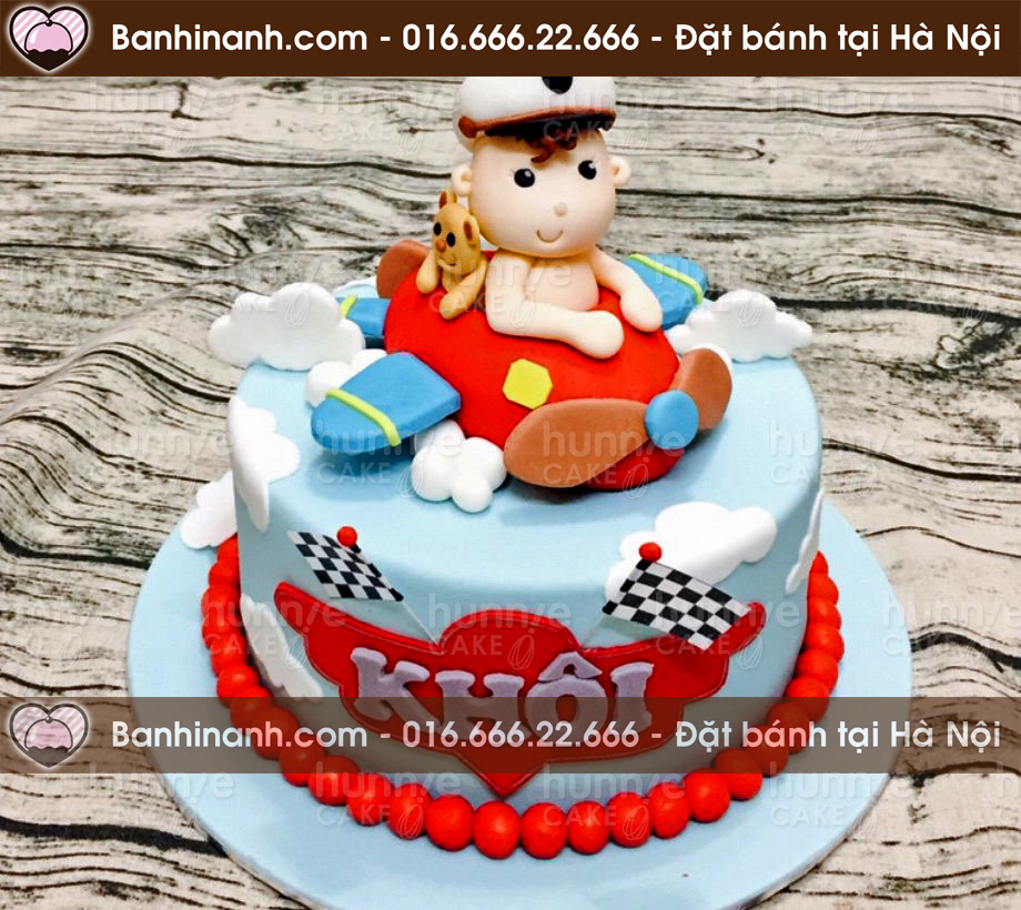 Bánh gato hình bé trai một tuổi lái máy bay chở gấu đi chơi 3613 - Bánh gato sinh nhật ngon đẹp