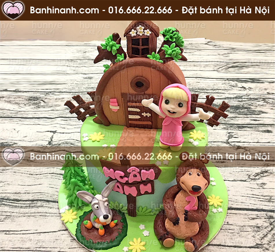 Bánh gato sinh nhật chủ đề bé asha cùng Gấu xám và con lừa chơi trong vườn bên căn nhà gỗ dành tặng bé gái 3502 - Bánh gato sinh nhật ngon đẹp