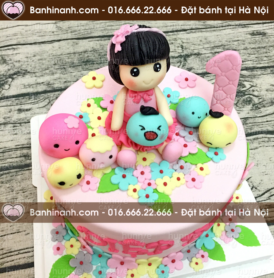 Bánh gato sinh nhật đẹp bé gái dễ thương đang ôm những viên bánh Mochi của Nhật Bản mũm mĩm đầy mầu sắc 3605 - Bánh gato sinh nhật ngon đẹp
