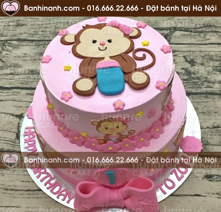 Bánh gato sinh nhật hai tầng hình con khỉ, bánh tông hồng thích hợp tặng bé gái 3610 - Bánh gato sinh nhật ngon đẹp