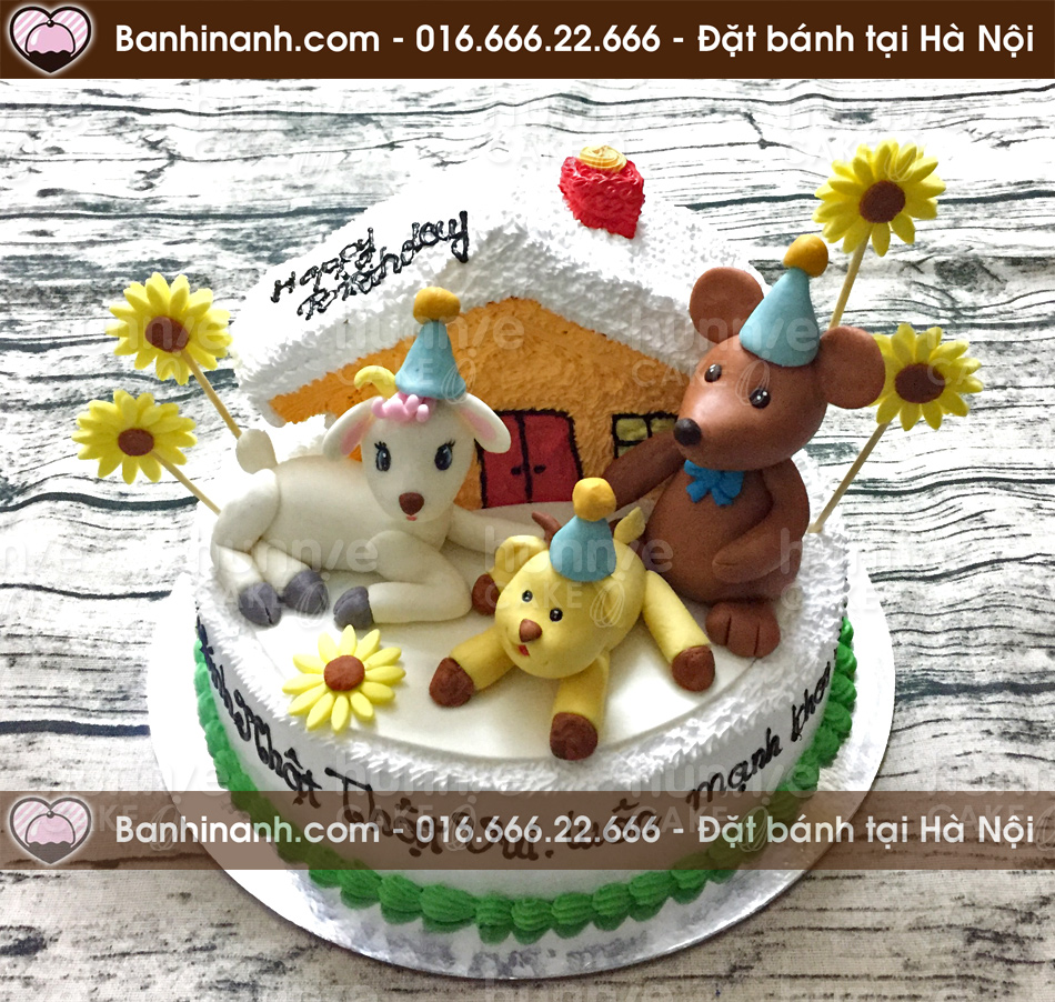 Bánh gato sinh nhật tạo hình một ngôi nhà hạnh phúc với 3 thành viên theo con giáp bên nhau bố chuột, mẹ và con là dê 3463 - Bánh gato sinh nhật ngon đẹp