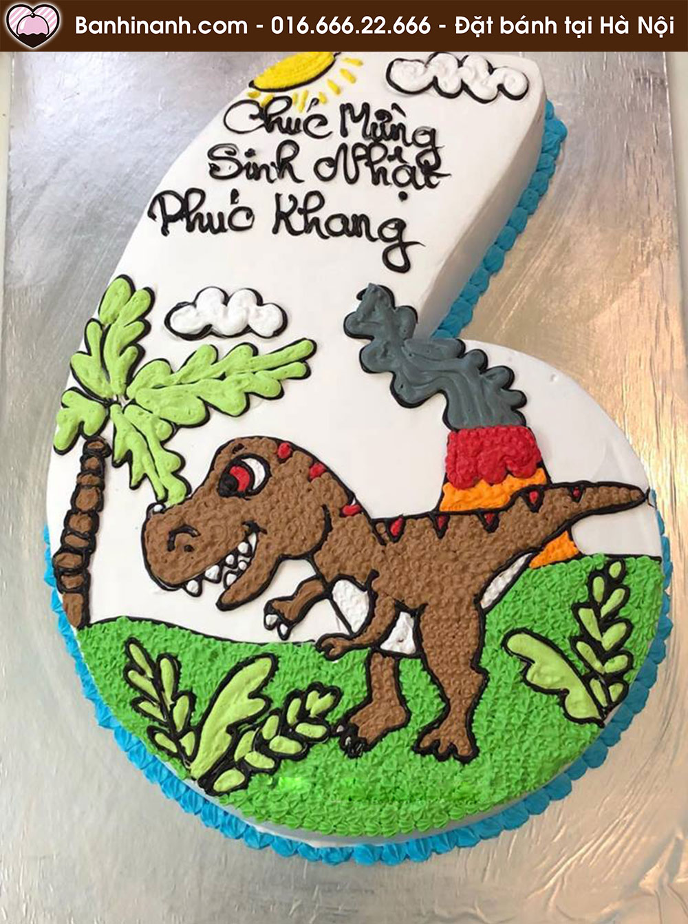 Bánh sinh nhật cắt hình số 6 vẽ khủng long bạo chúa T-rex cực ngầu 1141 - Bánh gato sinh nhật ngon đẹp