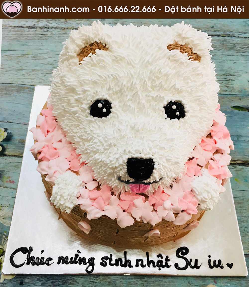 Bánh sinh nhật con chó trắng đáng yêu ngồi trên giỏ hoa sắc màu 4910 - Bánh gato sinh nhật ngon đẹp