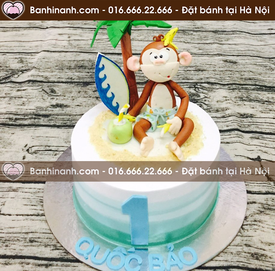 Bánh sinh nhật đẹp hình con khỉ đang chơi lướt sóng trên hòn đảo 3857 - Bánh gato sinh nhật ngon đẹp