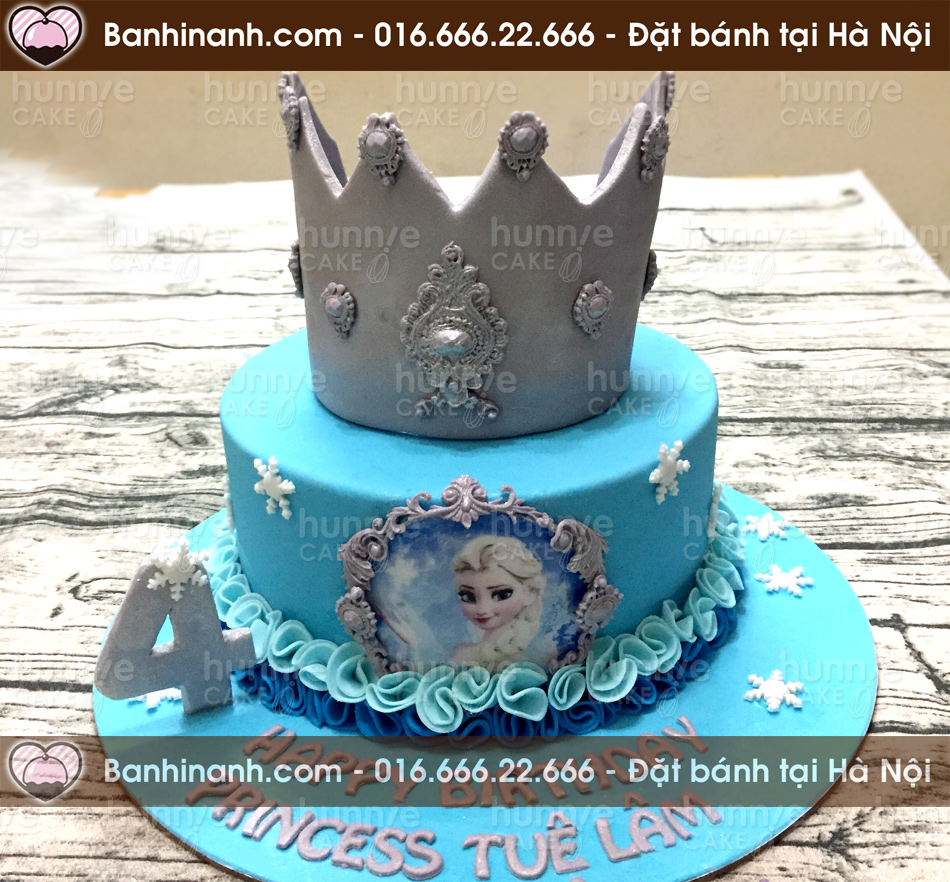 Bánh sinh nhật fondant tông xanh công chúa Frozen Elsa với một chiếc vương miện bạc lấp lánh trên đầu dành tặng các bé gái 3547 - Bánh gato sinh nhật ngon đẹp