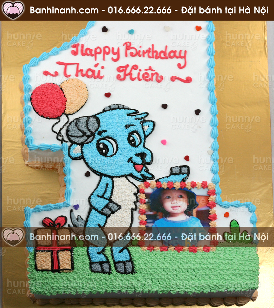 Bánh gato sinh nhật cắt hình số 1 vẽ bé dê xanh kết hợp với in ảnh của bé 2321 - Bánh gato sinh nhật ngon đẹp