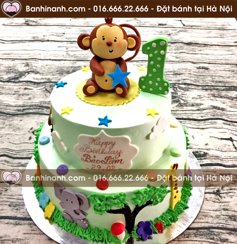 Bánh gato hai tầng hoành tráng nặn 3D con khỉ cầm ngôi sao bên cạnh số 1 tặng sinh nhật bé trai 3447 - Bánh gato sinh nhật ngon đẹp