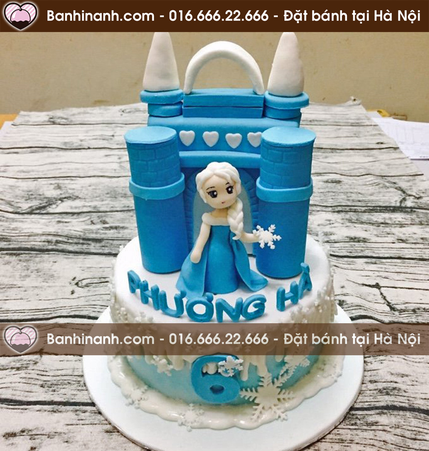 Bánh sinh nhật fondant làm hình nữ hoàng băng giá Elsa bên tòa lâu đài xanh tráng lệ tặng bé gái 3384 - Bánh gato sinh nhật ngon đẹp