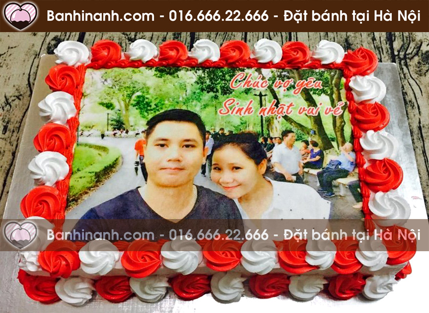 Bánh gato in ảnh tặng sinh nhật vợ yêu trang trí hoa hồng tông đỏ trắng 2908 - Bánh gato sinh nhật ngon đẹp