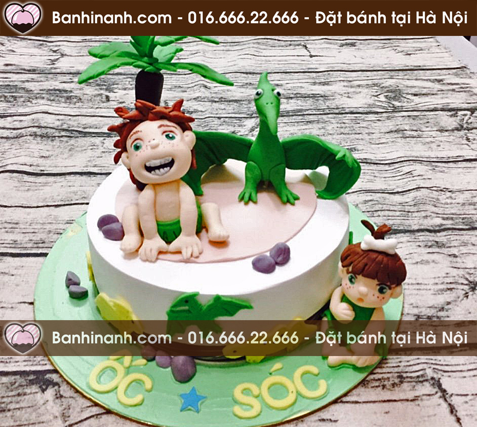 Bánh gato kem fondant 3D hình khủng long và hai bé sinh đôi người rừng 3436 - Bánh gato sinh nhật ngon đẹp